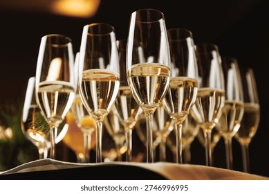 Low angle view of multiple elegant glasses containing golden wine during a formal toast.