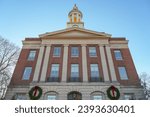 low angle view of Nashua city hall exterior in New Hampshire in winter