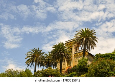 Low Angle View Of An Old Holiday Villa With A Row Of Palm Trees In The Garden, Lerici, La Spezia, Italy