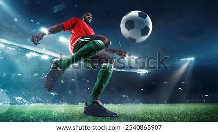Low angle view on focused African-American woman, soccer player controlling ball, dynamically playing outdoor, under evening sky. 3D render of stadium. Concept of sport, tournament, competition, game