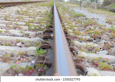 Low angle view on the single side of a track on a railway in a receding view showing the sleepers to the side in a transport concept