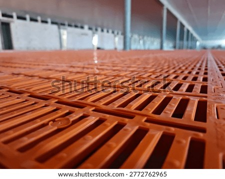 Low angle view of orange plastic slatted flooring panels installed in pig farm interior with long perspective and drainage slots. Livestock farming, agriculture equipment, animal housing.