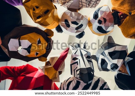 Low angle view photo of panda rooster gorilla lion sloth zebra raccoon mask business people loft interior office indoors