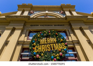 Low Angle View Of Queen Victoria Market With A Giant Christmas Wreath. Melbourne, Australia. High Resolution Image.