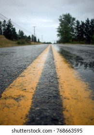 low angle view of road lines in the middle of a wet highway