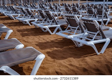 Low angle view of rows of sunbeds on sandy beach, no people, vacation concept.