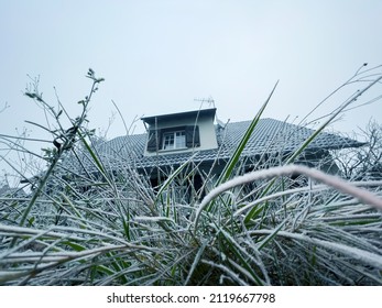 Low Angle View Of Rustic House Seen Through Frozen Blades Of Grass