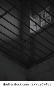 Low angle view of rusty iron bars grating inside a dark concrete room looking up at a small barred window.