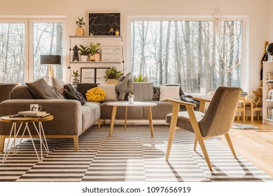 Low angle view of a scandinavian, sunlit living room interior with a gray armchair, sofa, and a big window. Real photo