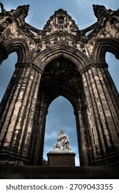 Low Angle View of Scott Monument and Statue under Moody Skies - Edinburgh, Scotland