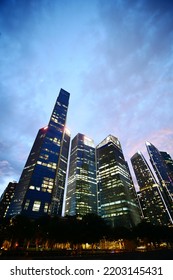 Low Angle View Of Singapore Financial District At Night 