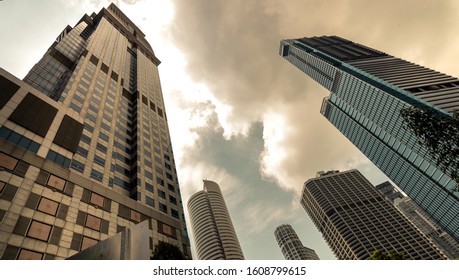 Low Angle View Of Skyscrapers In Financial District Of Singapore