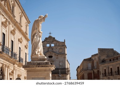low angle view of statue in square in Siracusa, Sicily, Italy