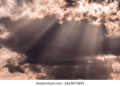 Low angle view of sun rays beaming through dark clouds after the storm