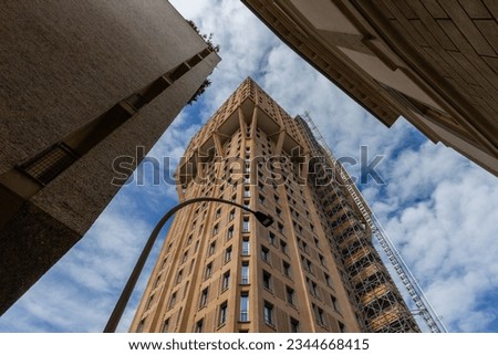 Similar – Image, Stock Photo Milan, Italy low angle night shot of illuminated Galleria Vittorio Emanuele II entrance detail with relevant inscription, a 19th-century arcade with shops at Duomo main square.