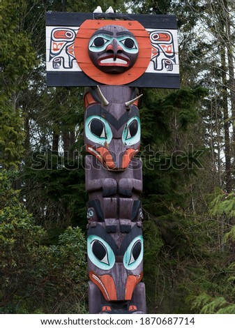 Low angle view of totem pole, Stanley Park, Vancouver, Lower Mainland, British Columbia, Canada