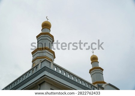 Low angle view of two golden domed minarets against overcast sky, architectural details highlight Islamic religious symbolism and spiritual design elements for cultural or travel themed projects.