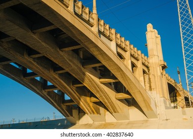 Low angle view of the underneath of 4th street bridge, Los Angeles, California, USA