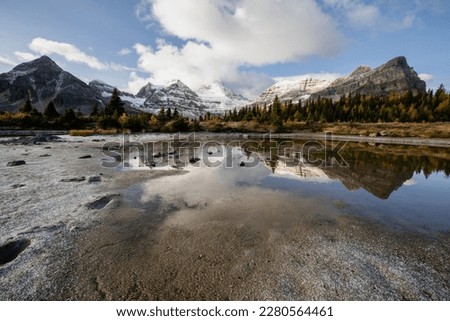 Low angle view of a very calm lake in the mountains during the day