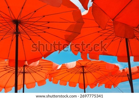 Low angle view of vibrant red and orange beach umbrellas with clear blue sky in background on sunny summer day. Relaxation, vacation, holiday concept