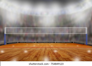 Low angle view of volleyball arena with sports fans in the stands and copy space. Focus on foreground with deliberate shallow depth of field on background.