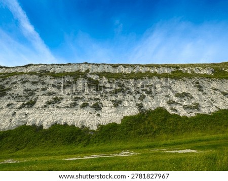Low angle view of the White Cliffs of Dover above a footpath near Langdon Beach (Dover, England, United Kingdom)