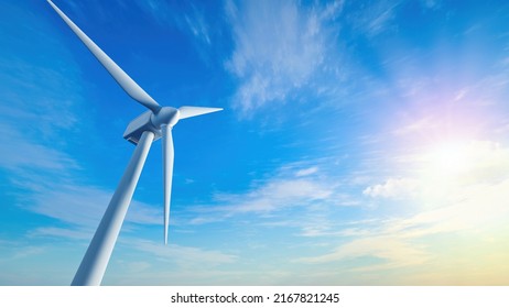 Low angle of wind turbine against bright blue sky. Renewable or green energy concept. landscape of windmill with sunlight and almost clear sky. - Powered by Shutterstock