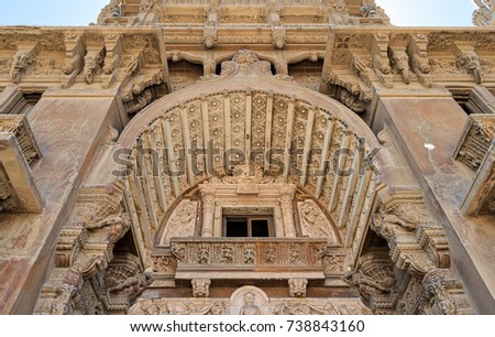 Low angled view of  external facade of Baron Empain Palace, Heliopolis district, Cairo, Egypt