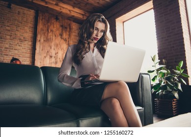 Low below angle view of nice attractive charming lovely elegant wavy-haired lady agent broker ceo boss chief freelancer skirt sitting on divan work place station loft interior