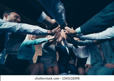 Low Below Angle View Of Nice Stylish Elegant Cheerful Sharks Marketers Company Culture Directors Executive Managers Putting Clapping Palms At Industrial Loft Interior Work Place Space