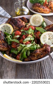 Low Carb Dinner With A Fresh Oven Baked Whole And Carved Chicken And A Delicious Salad With Roasted Vegetables And Feta Cheese