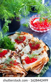 Low Carb Pancakes With Caviar And Fresh Herbs, Selective Focus