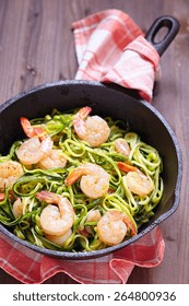 Low Carb Zucchini Spaghetti With Shrimp In A Pan