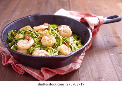 Low Carb Zucchini Spaghetti With Shrimp In A Pan