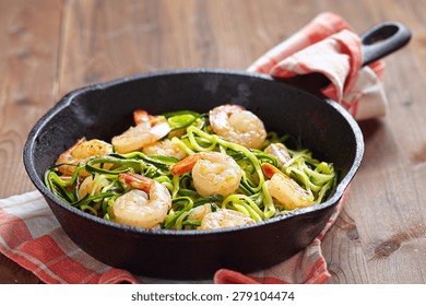 Low Carb Zucchini Spaghetti With Shrimp In A Pan