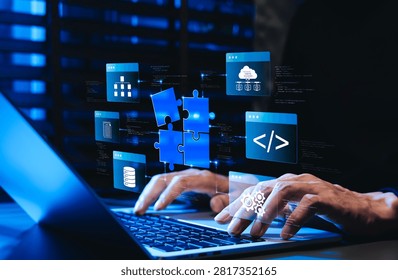 Low code no code development platform concept. Programmer using laptop, showing digital puzzle pieces connecting software modules, drag and drop app coding, application for rapid solution building