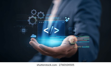 Low code no code development and programming concept with professional presenting virtual coding ai automation, cloud computing, and software integration for efficient application development