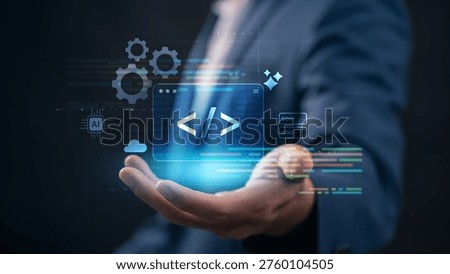 Low code no code development and programming concept with professional presenting virtual coding ai automation, cloud computing, and software integration for efficient application development