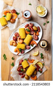 A low country homemade traditional  Southern U.S. Shrimp Boil with sausage, potato and corn