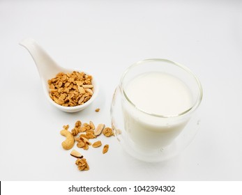 low fat soy milk in glass and serial conflect clean food  for good health and diet 