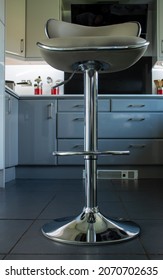 Low Front View Of A Modern Kitchen Grey Leather Bar Stool