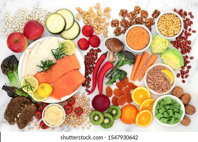 Low GI health food for diabetics with foods high in vitamins, minerals, anthocyanins, protein, antioxidants, smart carbs & omega 3 fatty acids. Below 55 on the GI index. Top view.