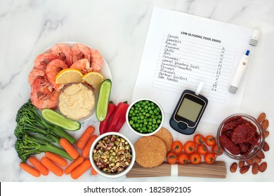 Low Glycemic Blood Sugar Testing & Lancing Devices With Health Food Below 55 On The GI Index Detailed On List. High In Antioxidants, Anthocyanins, Vitamins, Minerals, Protein & Omega 3. On Marble.