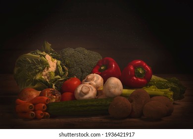 Low key image of fresh vegetables in a rustic setting