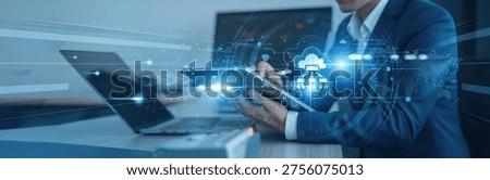 Low latency processing, IoT integration Businessman using tab with analysis data of growth to edge computing global connection, real-time analytics, data decentralization, network optimization