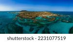 Low level panoramic view of the natural pools lagoons of Lobos island looking very tropical in the sunshine, El Puertito near Corralejo Fuerteventura