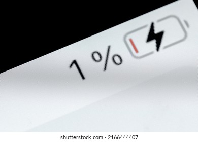 Low Level Of Smartphone Pixel Charged Battery Level Indicator - Charging Process - One, 1 Percent: Close Up Macro View Of Gadget Display, Screen. Energy, Technology, Power, Digital And Symbol Concept