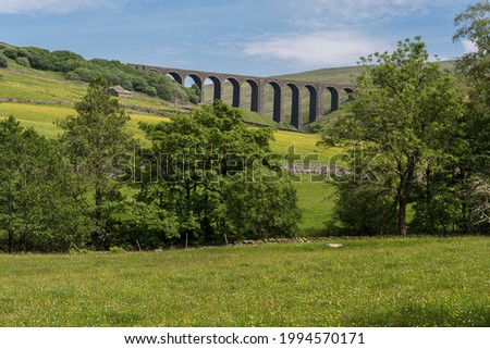 Low level view of Denthead viaduct on the famous Settle-Carlisle railway line through north Yorkshire and Cumbria in England, UK with old fashioned hay meadow and trees in the foreground.