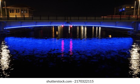 Low Light Of Blue Lights On Bridge After Dark