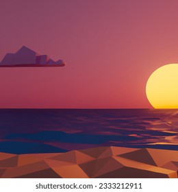 Low poly 3D image of calm sunset, with beach